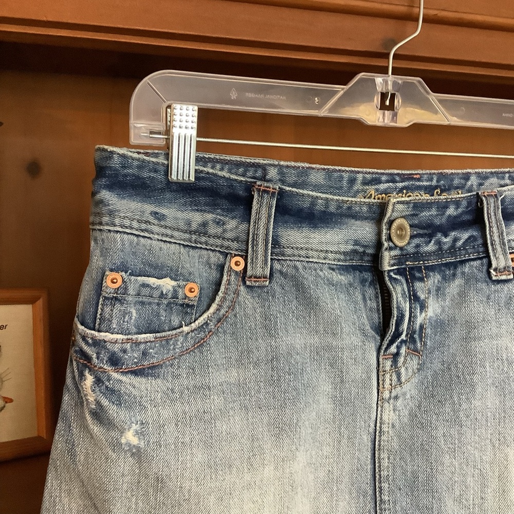 Vintage Y2K American Eagle Distressed Denim Micro Mini Skirt Size 8 AEO Low Rise - Picture 2 of 8